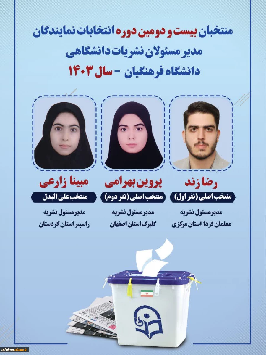 اسامی منتخبان کمیته ناظر بر نشریات دانشگاهی دانشگاه فرهنگیان، بعد از مهلت اعتراض یک روزه 2