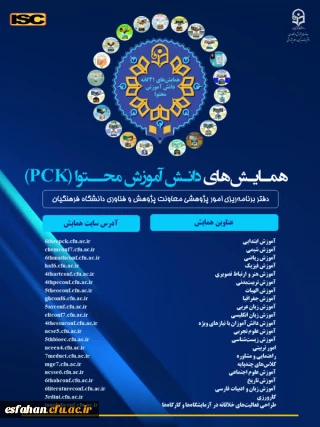 معاونت پژوهش و فناوری دانشگاه فرهنگیان، 21 عنوان همایش تخصصی دانش آموزش محتوا (PCK) را  به میزبانی 18 استان کشور برگزار می کند.
